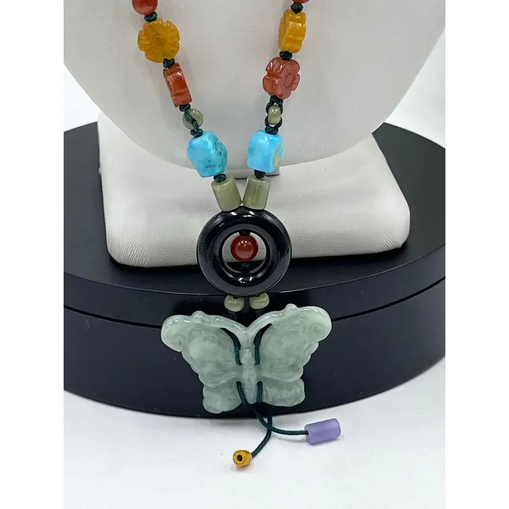 Jadeite Butterfly Carnelian Turquoise Beaded Hand Knotted‎ Green Cord Necklace